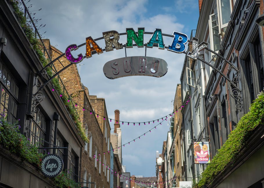 An outdoor scene of Carnaby Street in Soho featuring a decorative, illuminated sign spelling 'CARNABY' in multicolored, sparkling letters mounted on an arch overhead. Below, a secondary sign reads 'SOHO' in metal, attached to a decorative black wrought-iron framework supporting string lights with purple bulbs that stretch across the narrow street. On either side, shopfronts with large windows and black facades are visible, some adorned with potted green plants and signage, including a visible Adidas store sign. The buildings are multi-storied with traditional brick and painted exteriors, showcasing typical Soho architecture. The sky above is partly cloudy, providing diffuse natural daylight that highlights the vibrant sign and surrounding storefronts, contributing to the lively yet orderly urban atmosphere typical of a popular shopping and entertainment district with private organization and signage supporting local commerce.